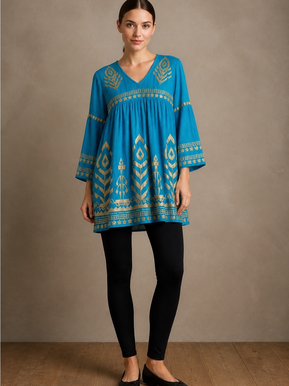 Soft Surroundings Teal Embroidered V-Neck Tunic Top with Gold Motif